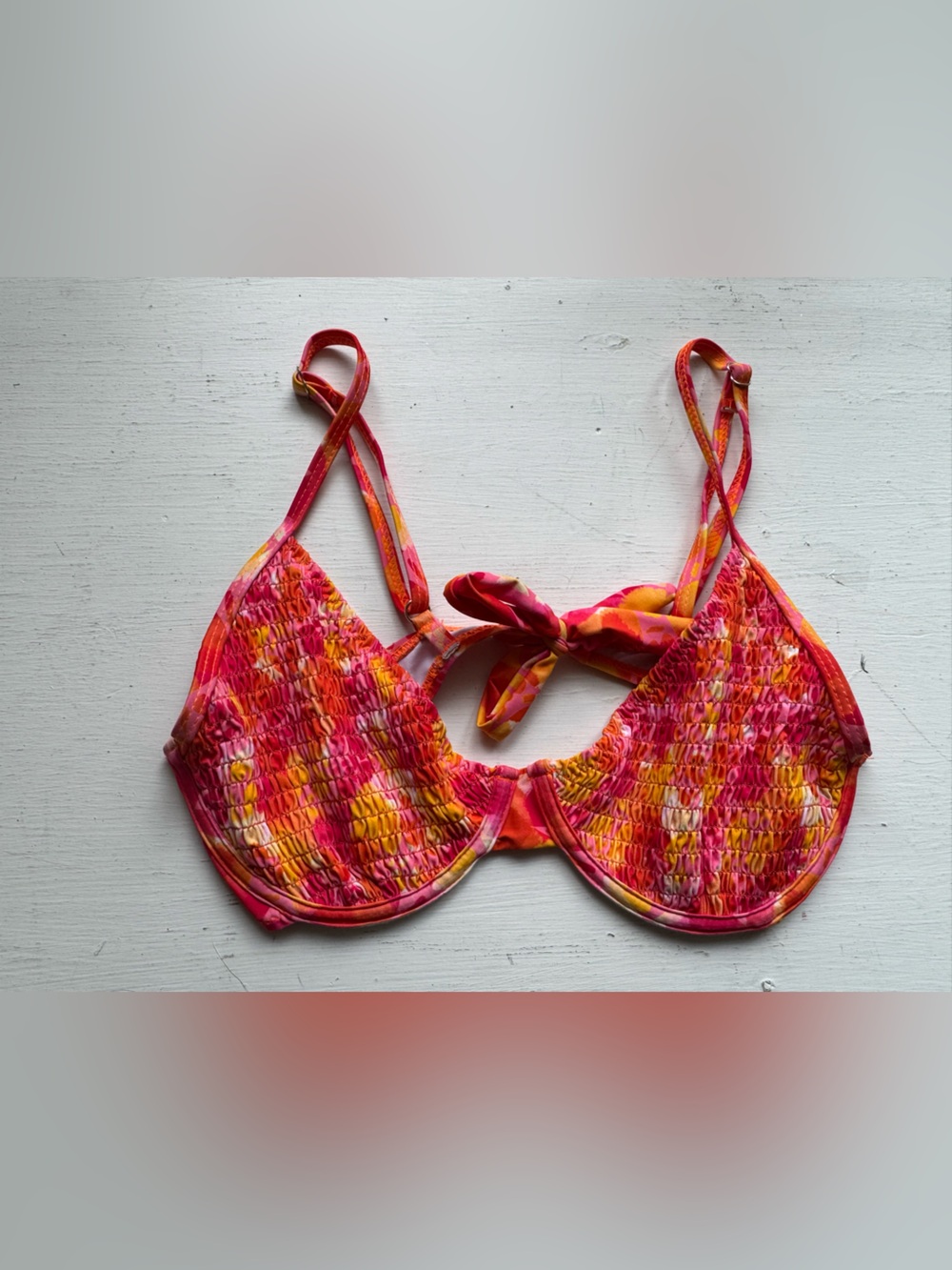 SHEIN Pink Orange Yellow Smocked Bikini Top